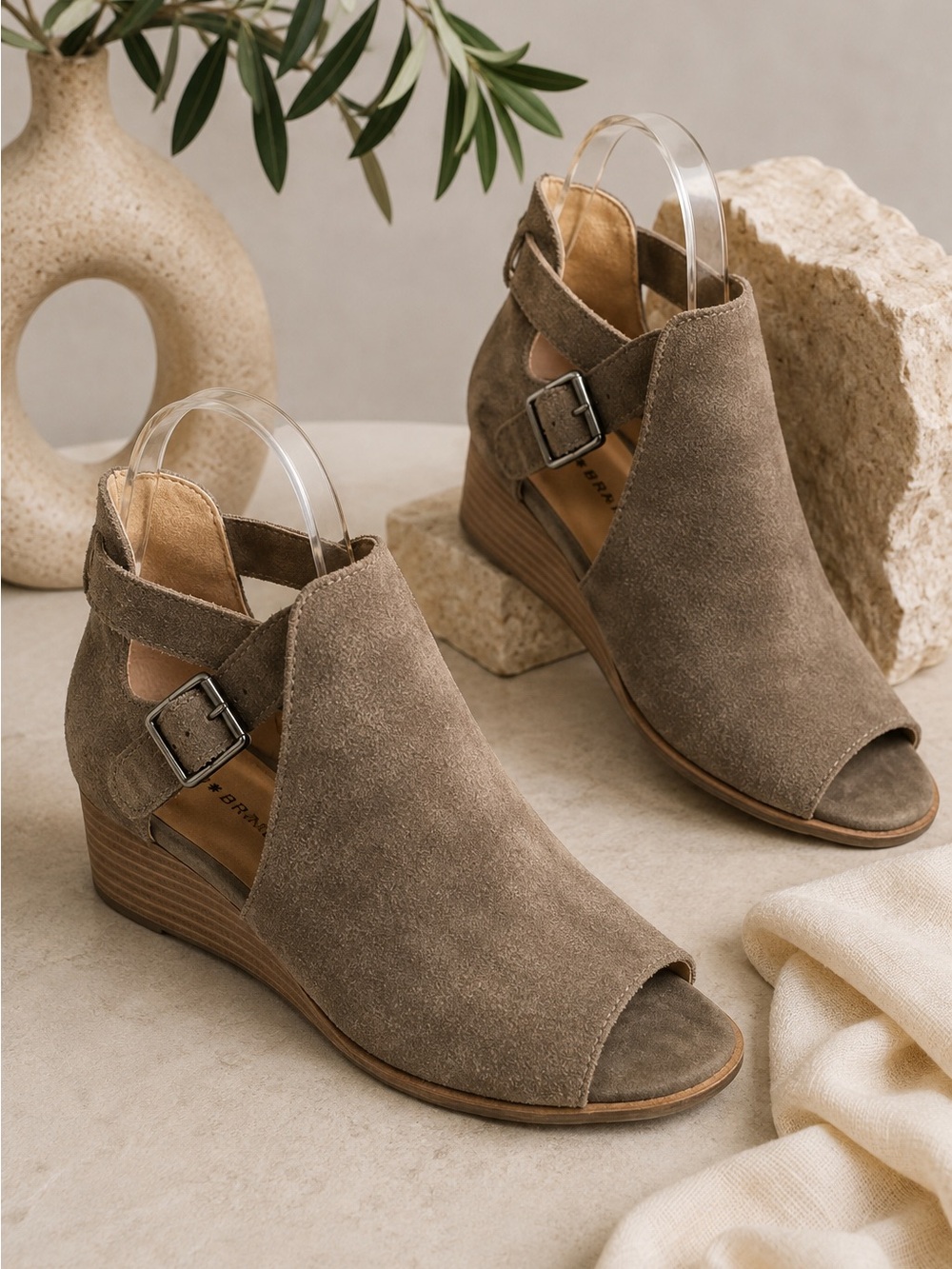 Lucky Brand Radburn Taupe Suede Peep Toe Wedge Sandals 8.5